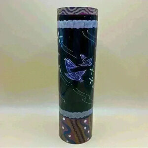 Wooden Hand Painted Black Tube Vase 10” Tall Brids Fine Craft Decor